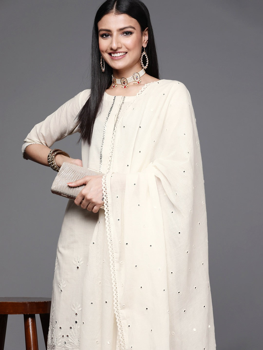 Women Off White Floral Mirror detail Cotton Straight Kurta & Palazzos with Dupatta