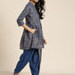 Women Navy Blue Ethnic Motifs Printed Pleated Pure Cotton Kurti with Dhoti Pants