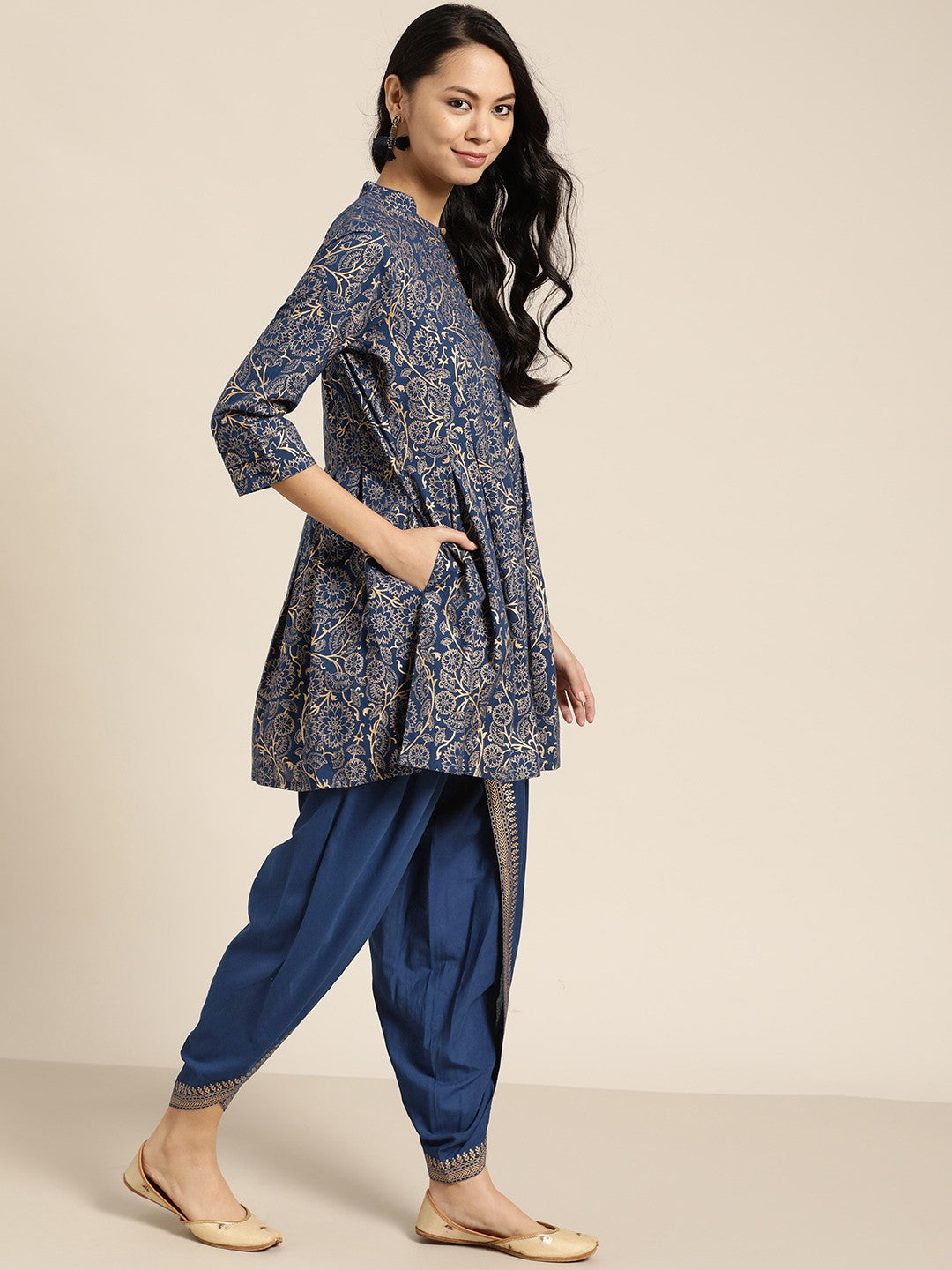 Women Navy Blue Ethnic Motifs Printed Pleated Pure Cotton Kurti with Dhoti Pants