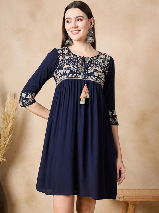 Embroidered A-Line Above Knee Ethnic Dress