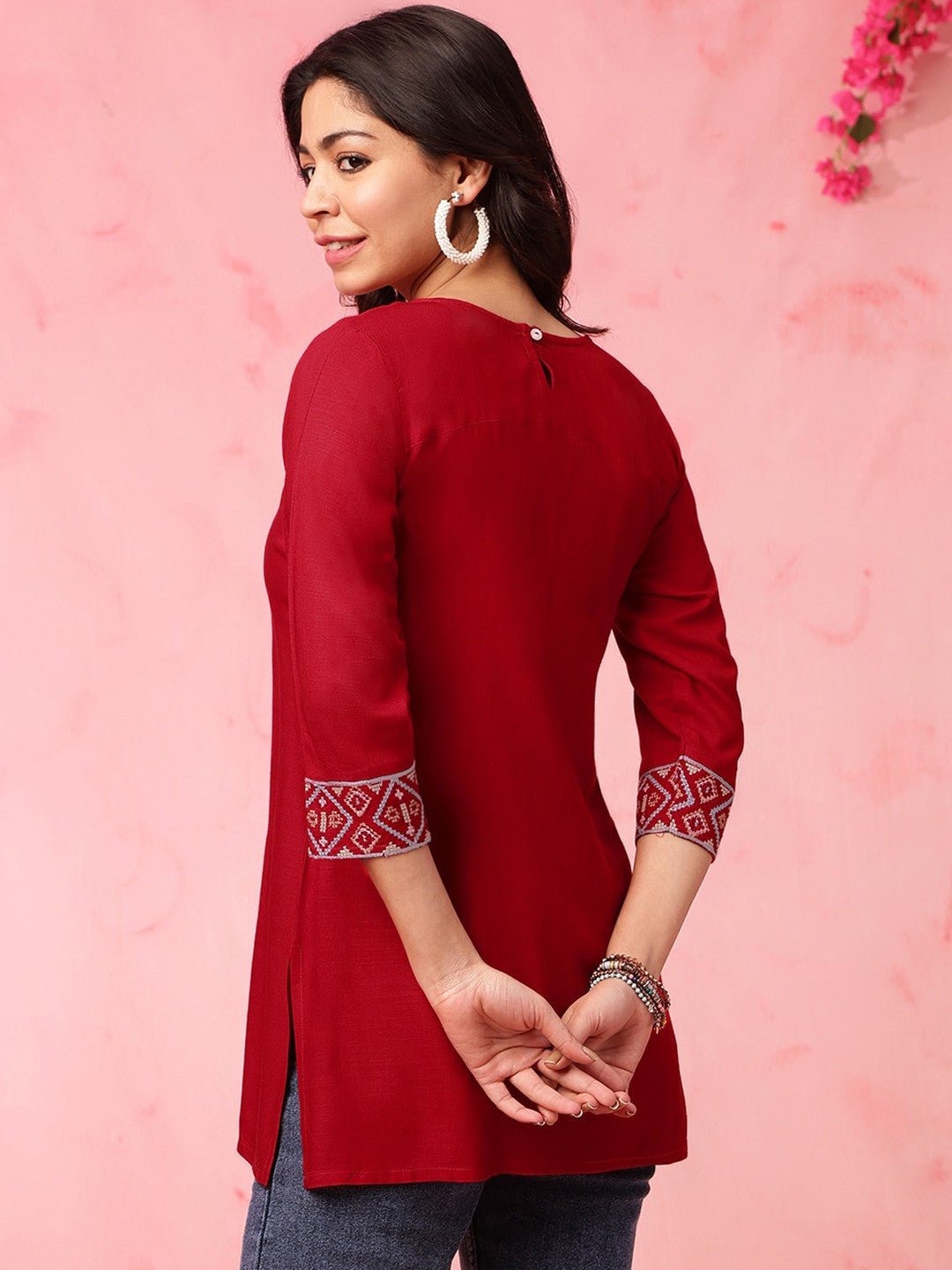 Red Embroidered Yoke Design Straight Kurti