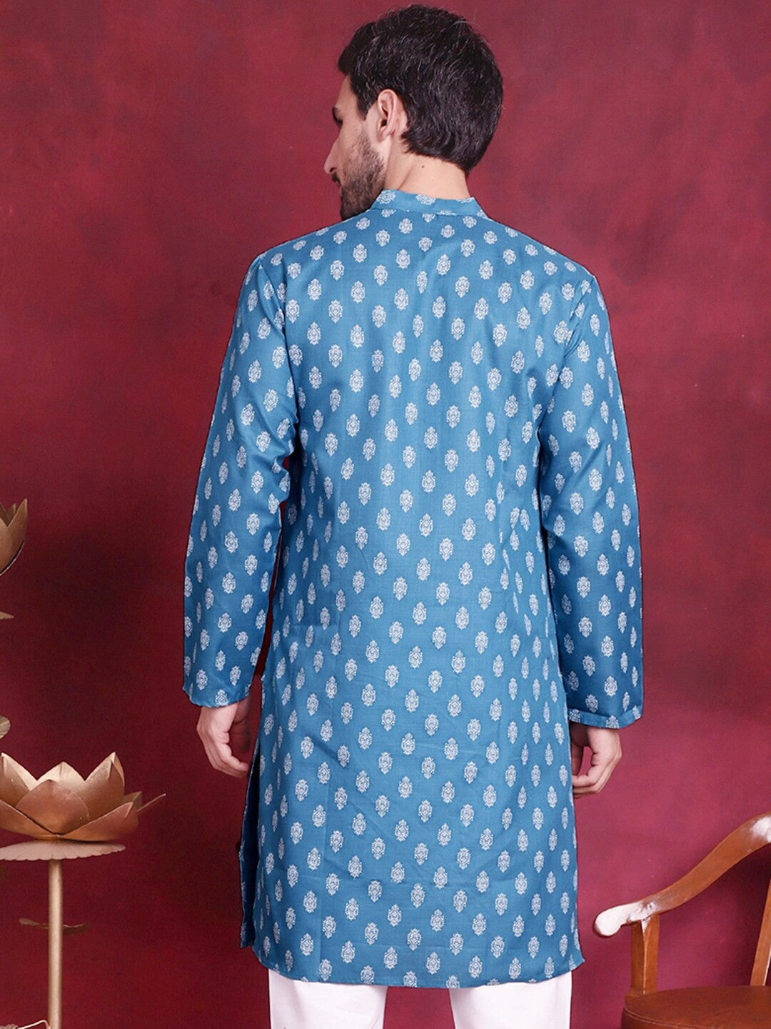 Men Blue Ethnic Motif Printed Straight Kurta