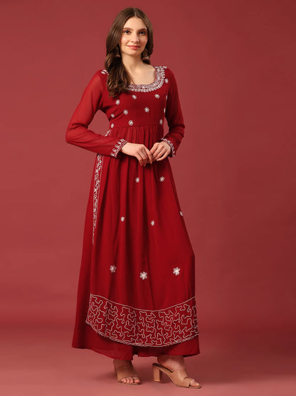 Red Embroidered Georgette Kurta Sharara Set