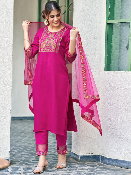 Ethnic Motifs Yoke Design Gotta Patti Straight Kurta with Trousers & Dupatta