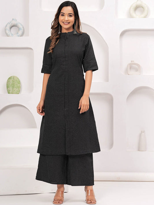 Striped Mandarin Collar Regular Kantha Work A-Line Kurti with Trousers