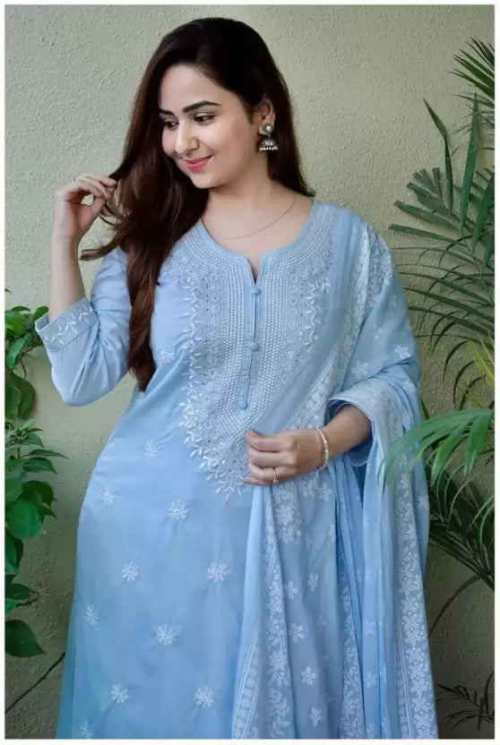 Women Blue Viscose Rayon Kurta Pant Dupatta Set