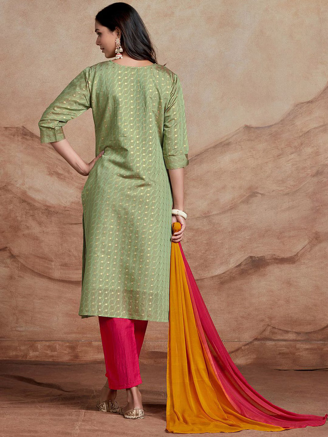 Ethnic Motifs Embroidered Sequinned Chanderi Silk Kurta With Trousers & Dupatta