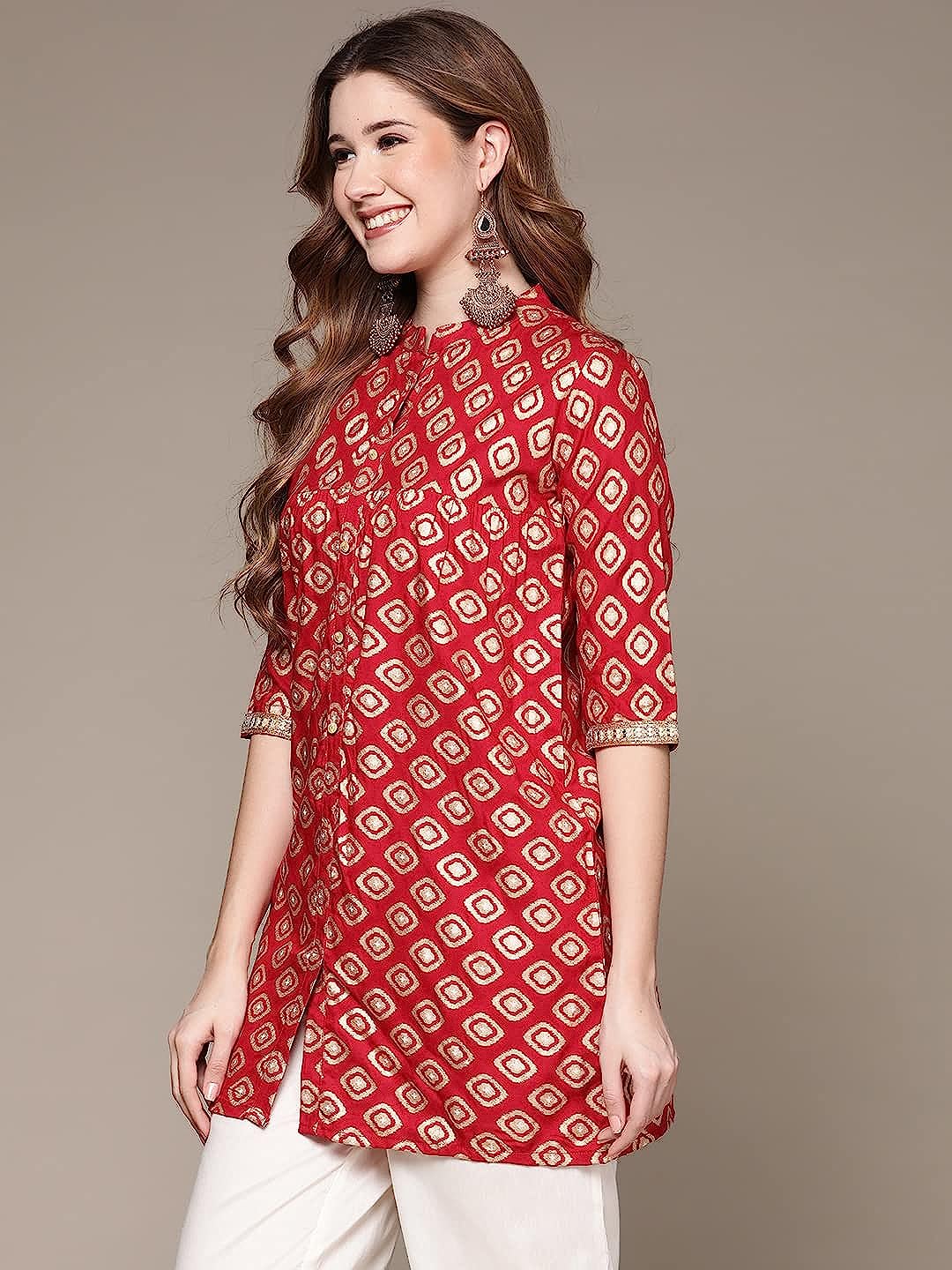 Red & Beige Geometric Printed Kurti