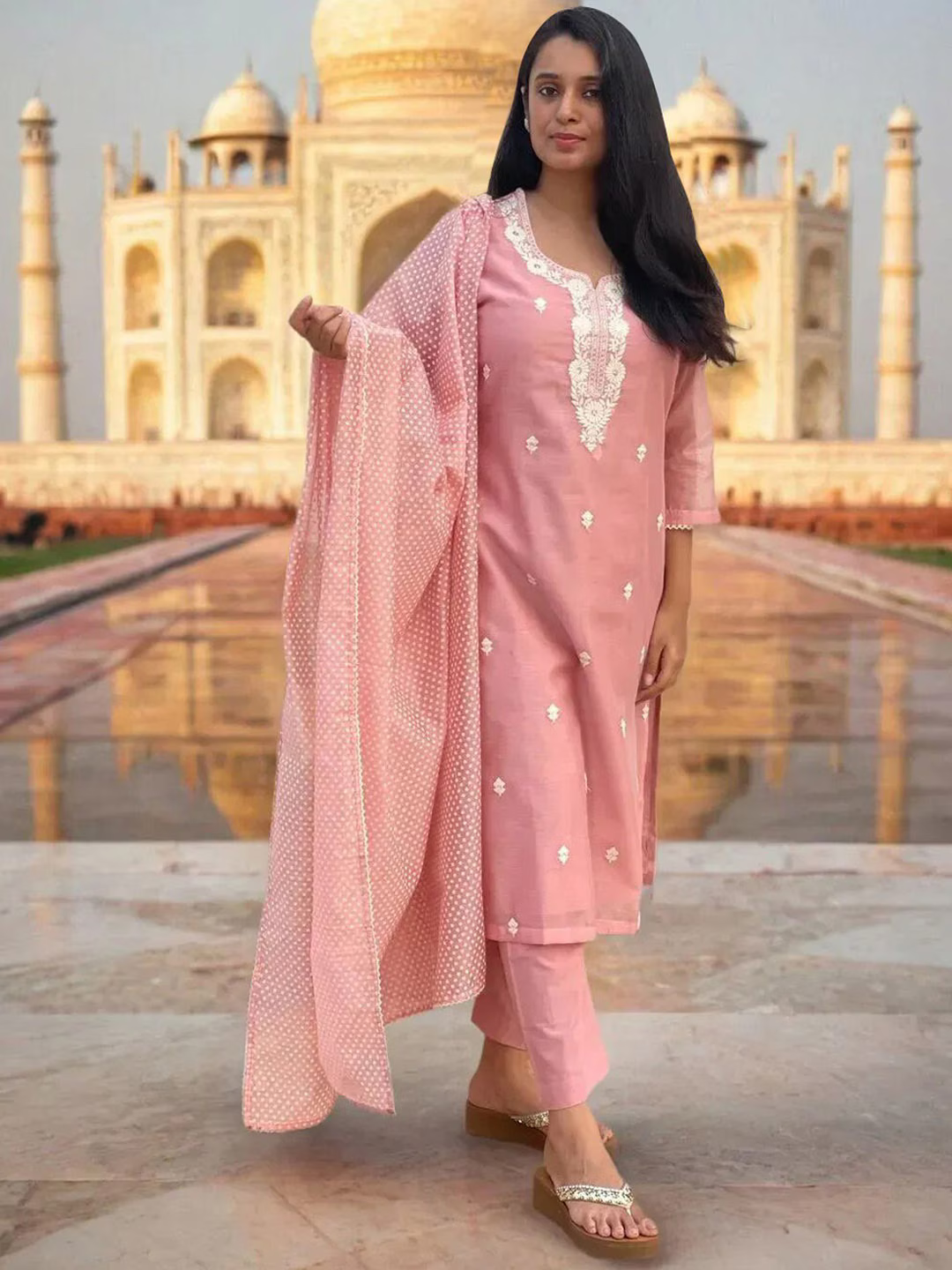 Pink Floral Embroidered Kurta With Trousers & Dupatta