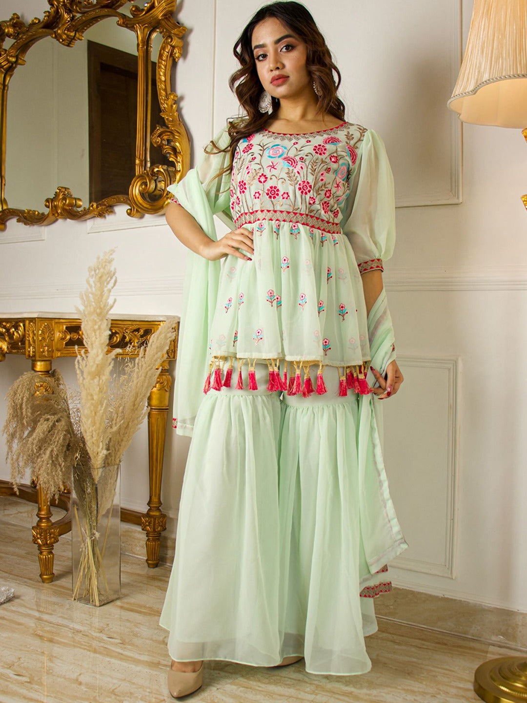 Floral Embroidered Thread Work Top with Sharara & Dupatta