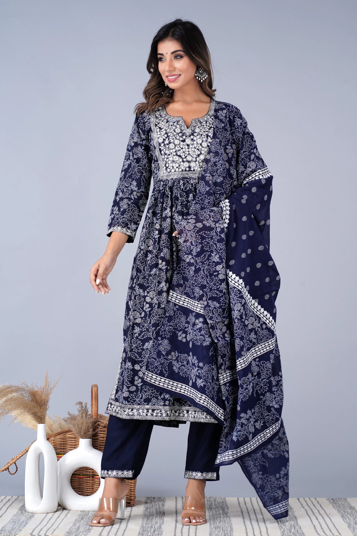 Embroidered Blue Kurta, Bottom & Dupatta Set