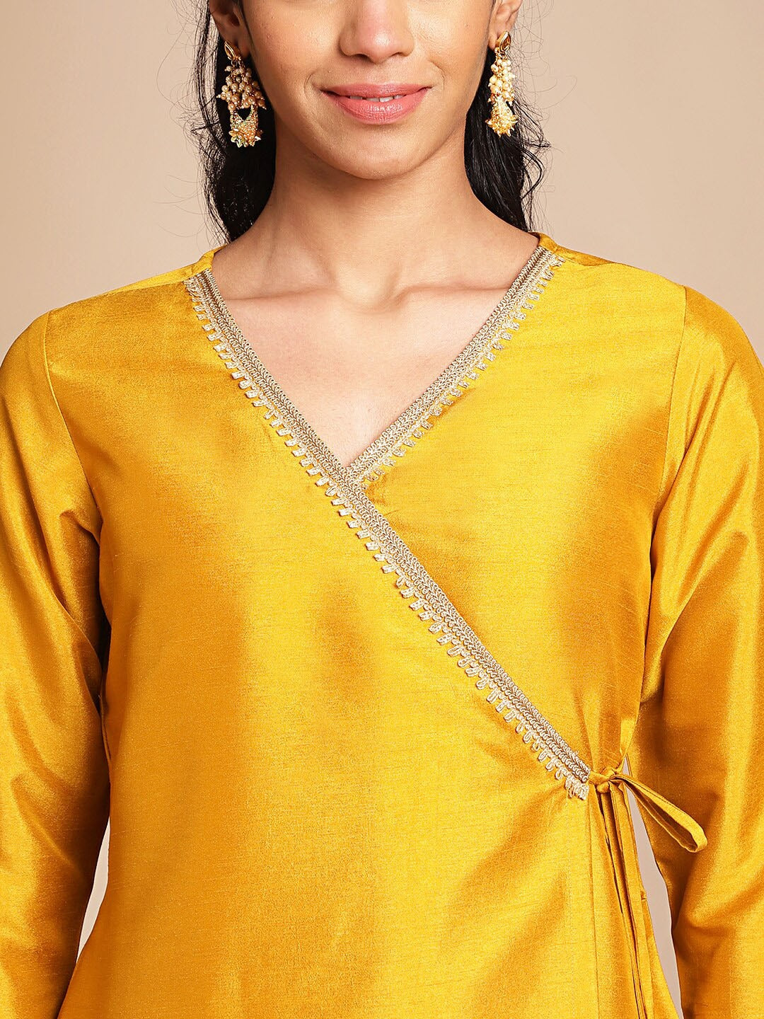 V Neck Three-Quarter Sleeves Wrap Angrakha Gotta Patti Kurta with Trousers