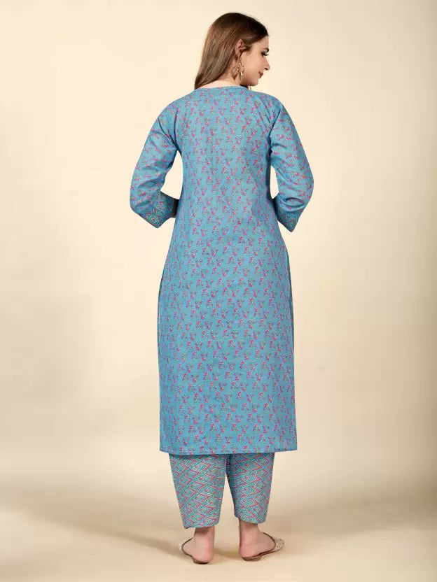 Women Blue Cotton Blend Kurta and Pant Set