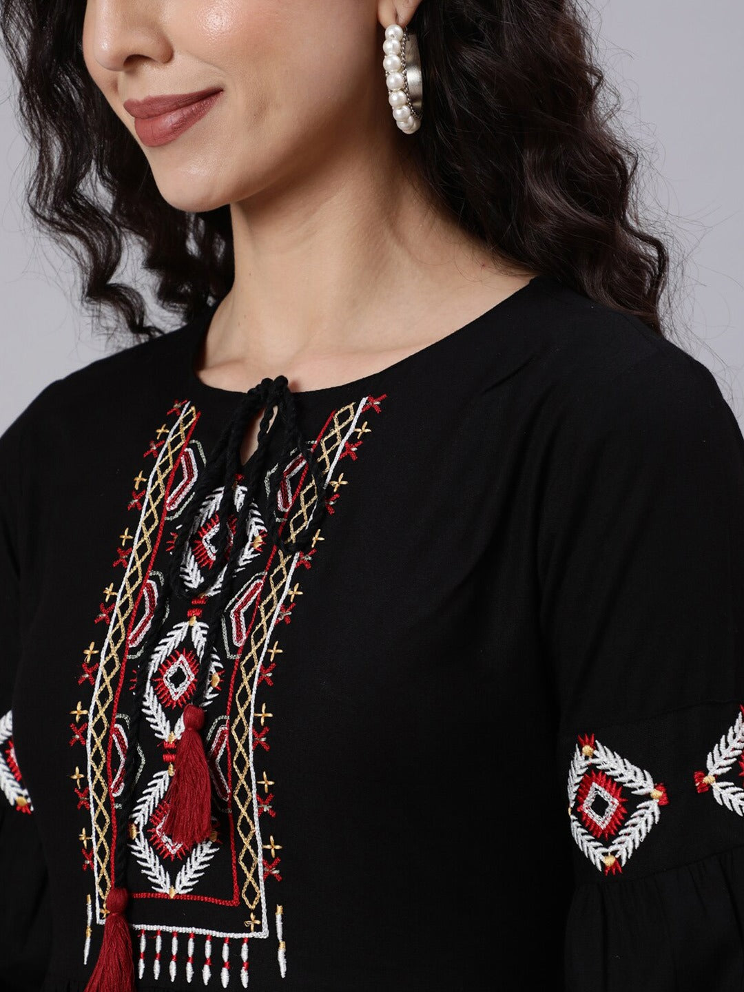 Black Embroidered Tie-Up Neck Ethnic A-Line Midi Dress