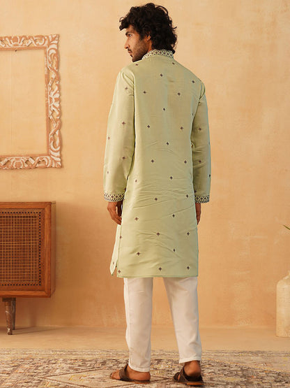Men Silk Blend Embroidered Sequin Straight Republic Day Kurta with Pyjamas
