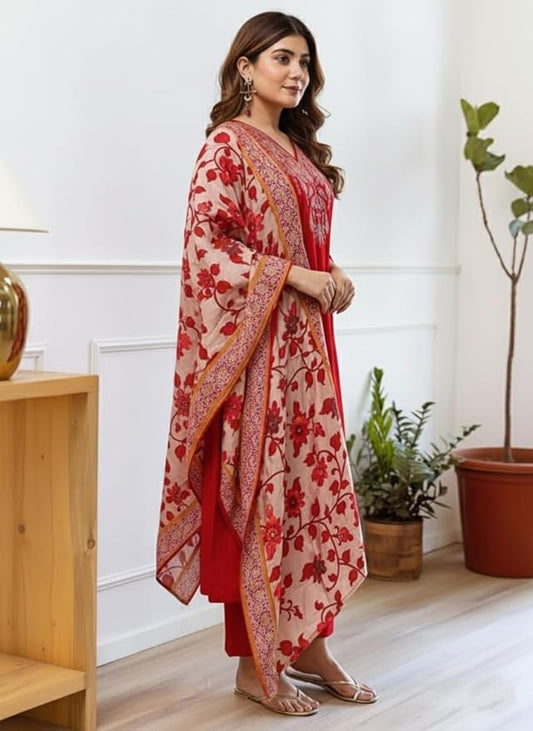 Women Silk Embroidered Kurta and Pant Set with Dupatta