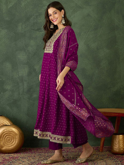 Embroidered Regular Kurta With Trousers & Dupatta