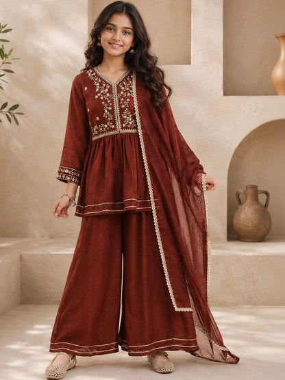 Girls Ethnic Motifs Embroidered Empire Thread Work Pure Silk Kurta with Sharara & With Dupatta