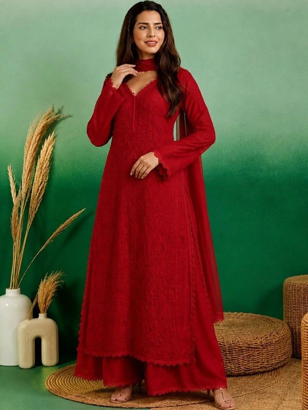 Women Ethnic Motifs Embroidered Regular Chikankari Kurta with Palazzos & With Dupatta