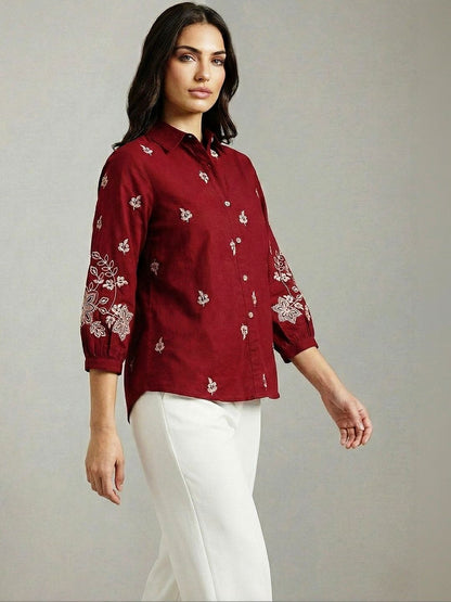 Women Shirt Collar Embroidered Tunic