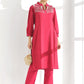 Fuchsia Floral Yoke Design Thread Work Detailed Straight Kurta With Trouser