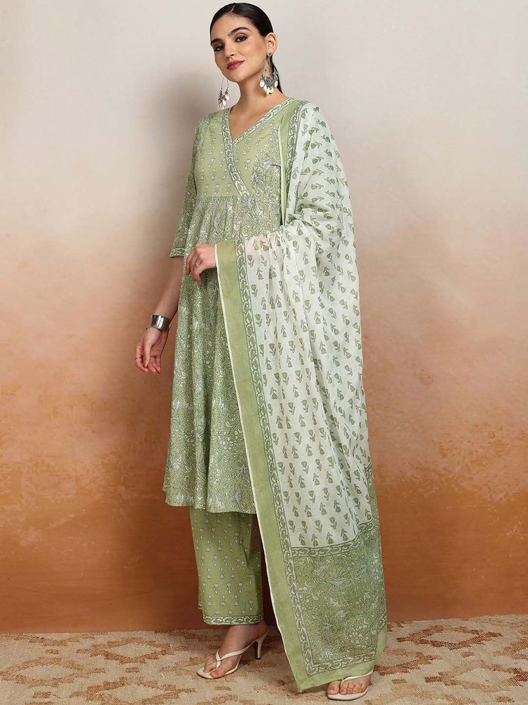 Women Floral Printed Angrakha Pure Cotton Kurta with Palazzos & With Dupatta