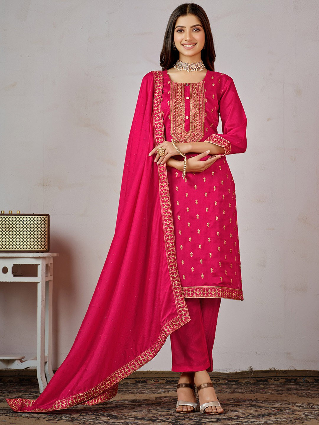 Pink Ethnic Motifs Embroidered Kurta with Churidar & Dupatta