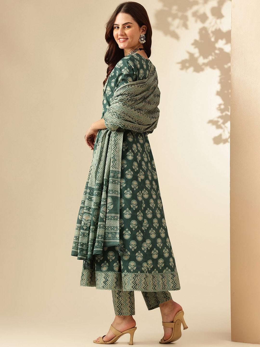 Green Floral Printed Aari Work Pure Cotton Anarkali Kurta with Trousers & Dupatta