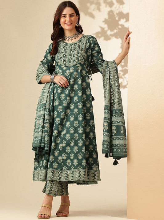 Green Floral Printed Aari Work Pure Cotton Anarkali Kurta with Trousers & Dupatta