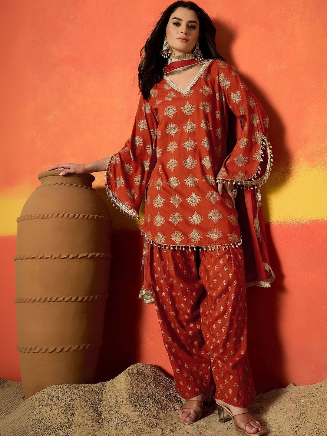 Women Rust Gold Printed Rayon A-Line Kurti Farshi Salwar With Dupatta Set
