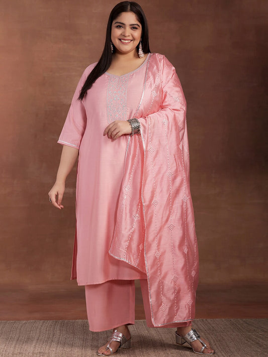 Plus Size Floral Yoke Design Sequinned Kurta with Trousers & Dupatta