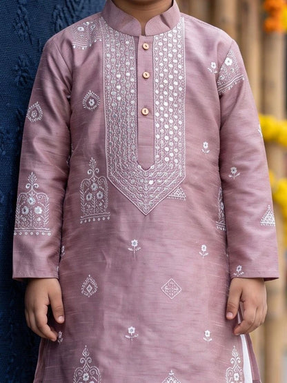 Boys Ethnic Motifs Embroidered Work Raw Silk Kurta with Dhoti Pants
