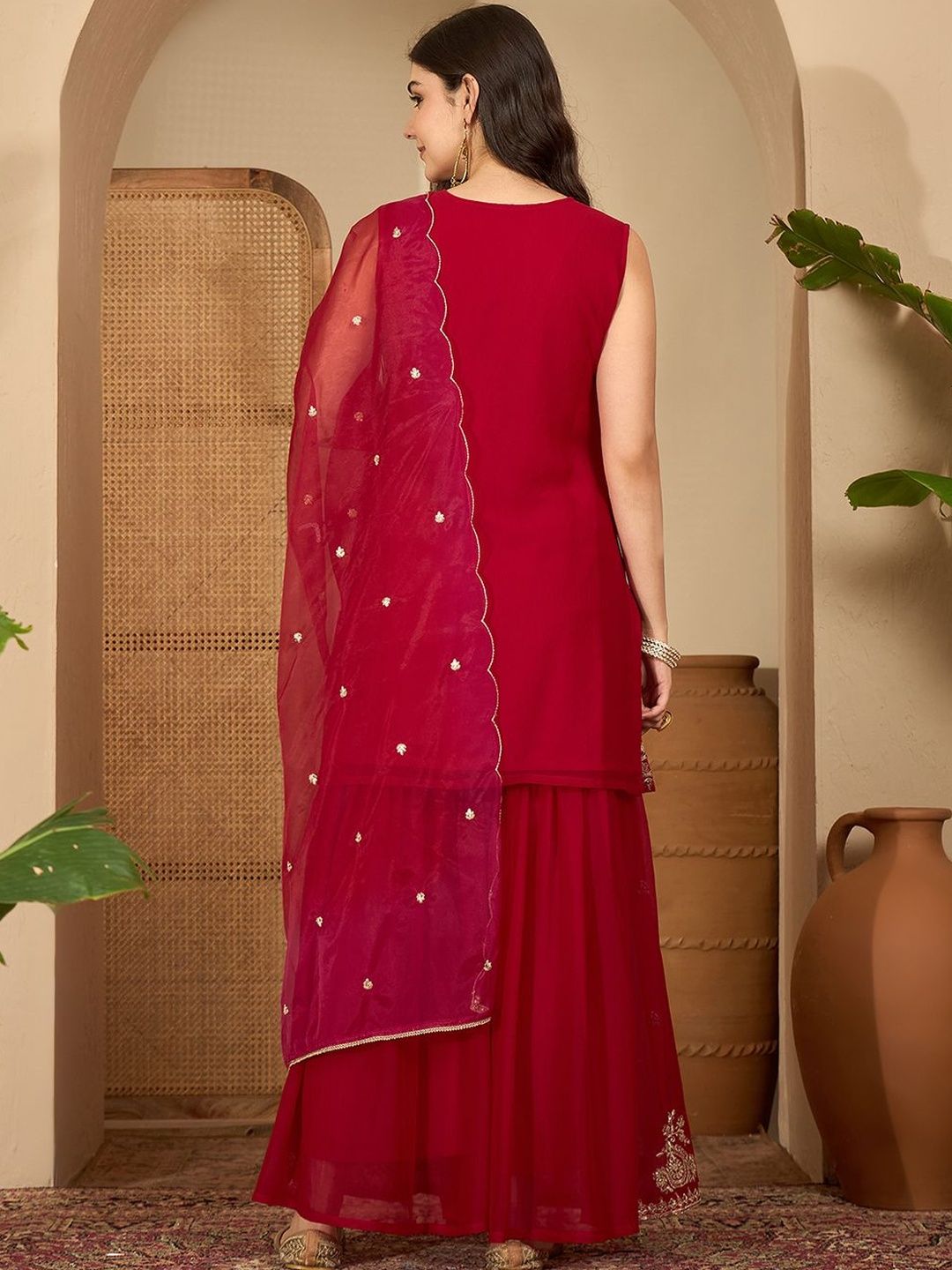 Floral Embroidered Thread Work Straight Kurta With Sharara & Dupatta