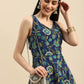 Women Navy Blue Floral Printed Styled Back Pure Cotton Kurta with Trousers