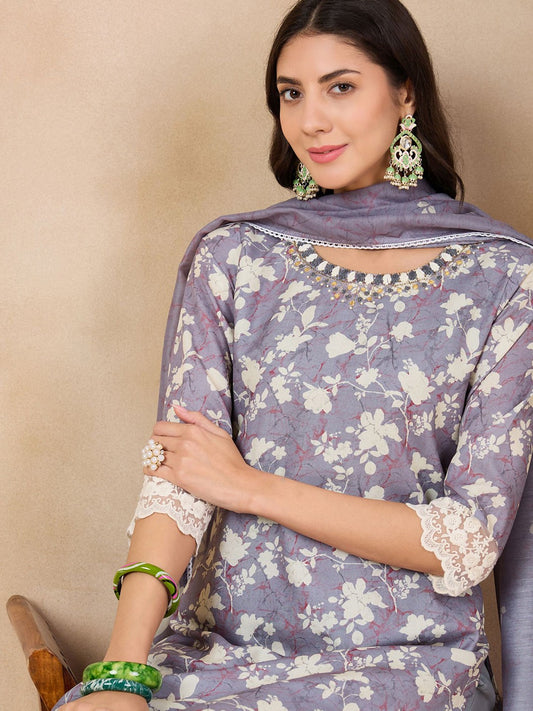 Grey Floral Printed Pure Cotton Straight Kurta & Trousers With Dupatta