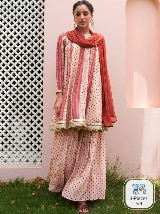 Floral Printed Gotta Patti Anarkali Kurta With Sharara & Dupatta