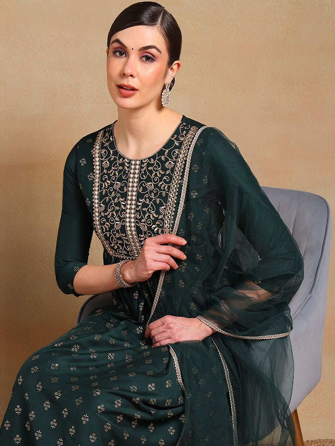 Ethnic Motifs Embroidered Empire Mirror Work Kurta with Trousers & Dupatta