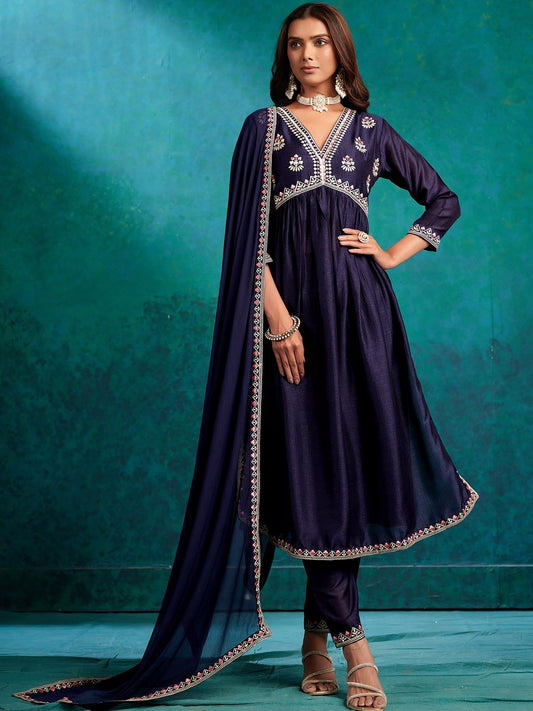 Embroidered V-Neck Kurta Trousers & Dupatta Set