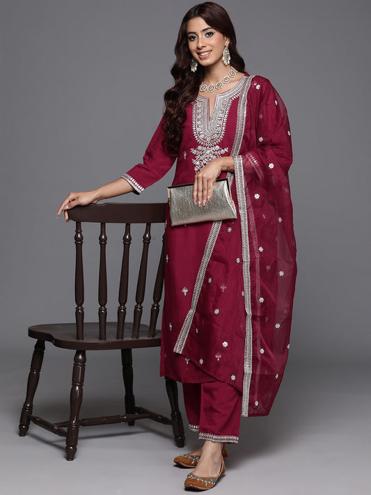 Embroidered Regular Sequinned Kurta with Trousers & Dupatta