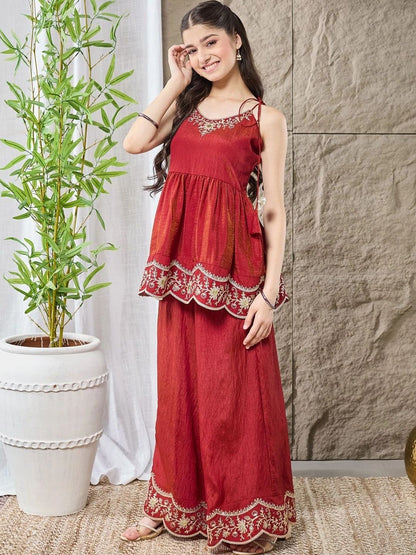 Girls Rust Red Embroidered Peplum Kurta With Plazzo Set