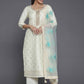 Cream Coloured Ethnic Woven Design Straight Kurta with Trousers & Dupatta