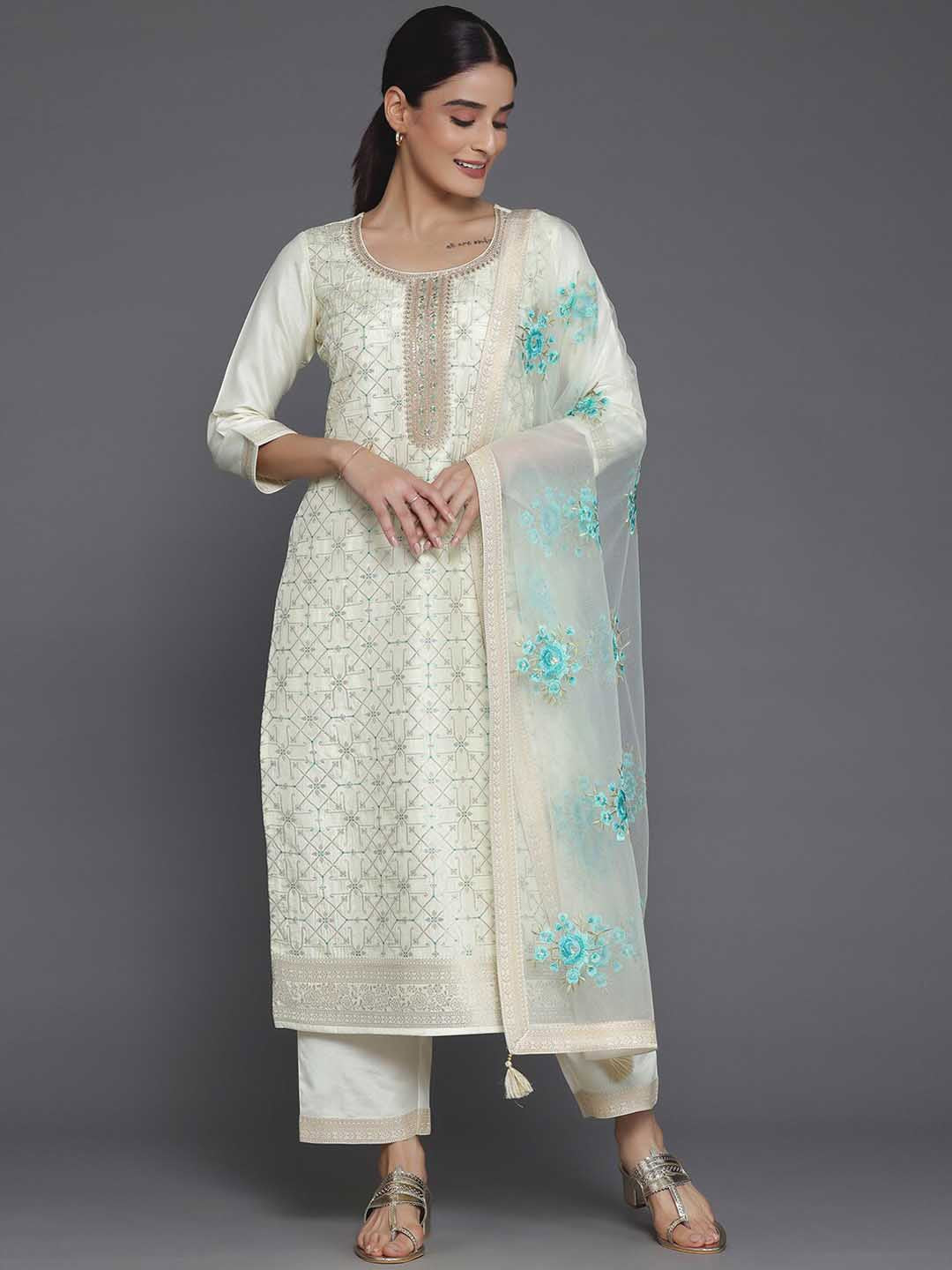 Cream Coloured Ethnic Woven Design Straight Kurta with Trousers & Dupatta