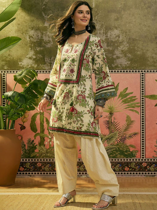Women Red Floral Printed & Embroidered Cotton A-Line Kurti With Farshi Salwar