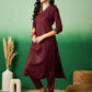 Maroon V-Neck Thread Work Straight Kurta With Trouser