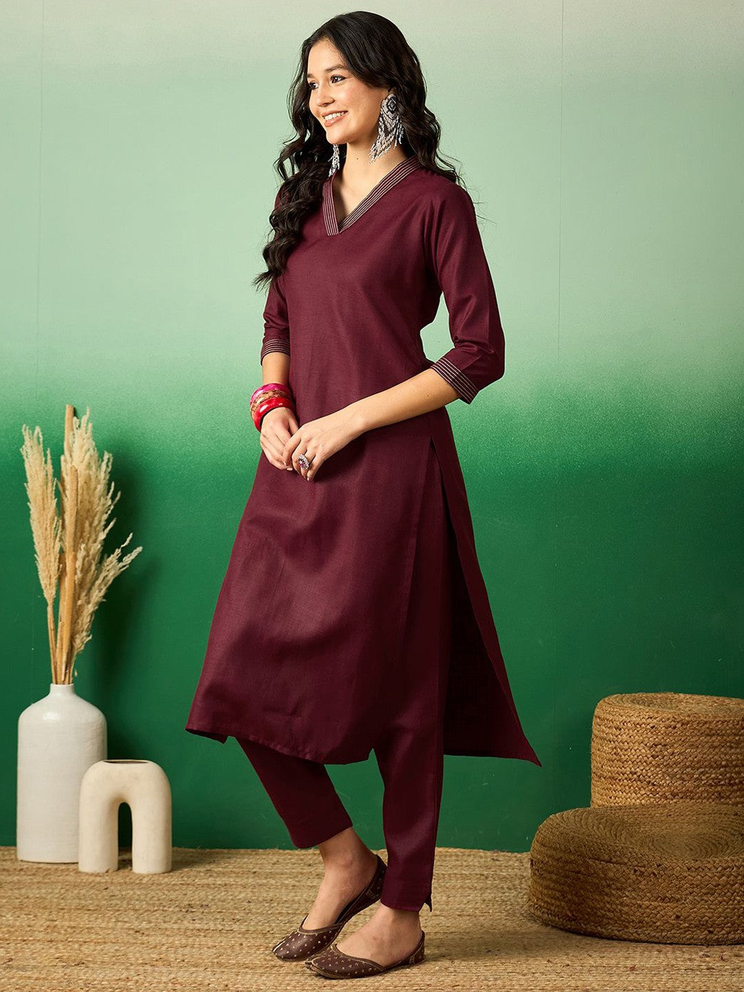 Maroon V-Neck Thread Work Straight Kurta With Trouser