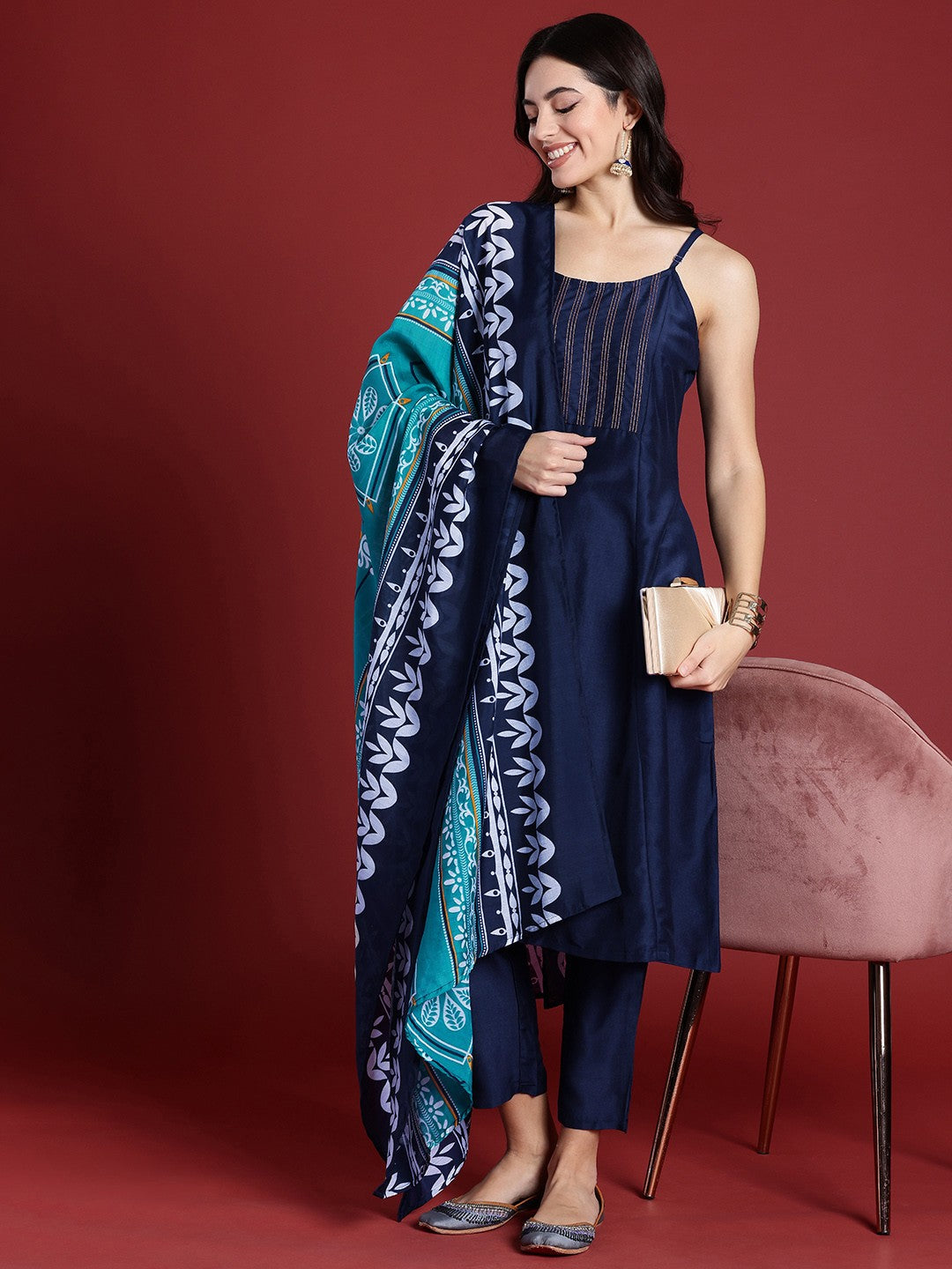 Women Thread Work A-Line Kurta with Trousers & Dupatta