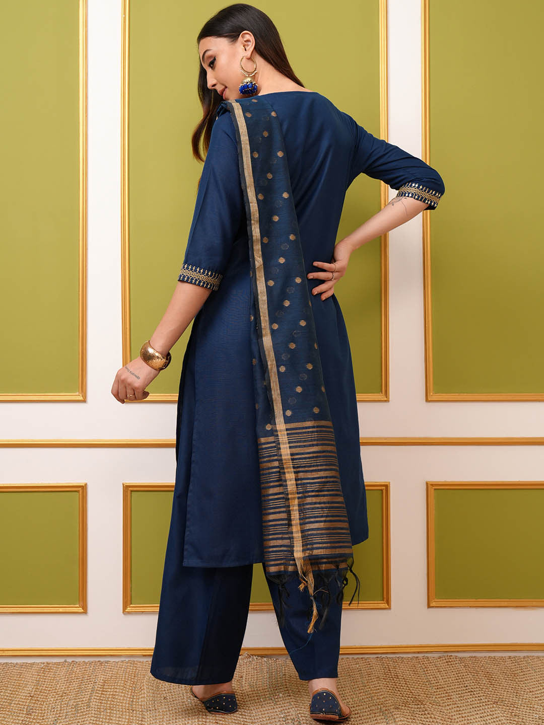 Ethnic Motifs Yoke Designed Sequined Straight Kurta with Palazzos & Dupatta - Amy's Cart