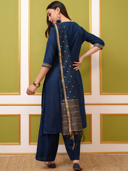 Ethnic Motifs Yoke Designed Sequined Straight Kurta with Palazzos & Dupatta - Amy's Cart