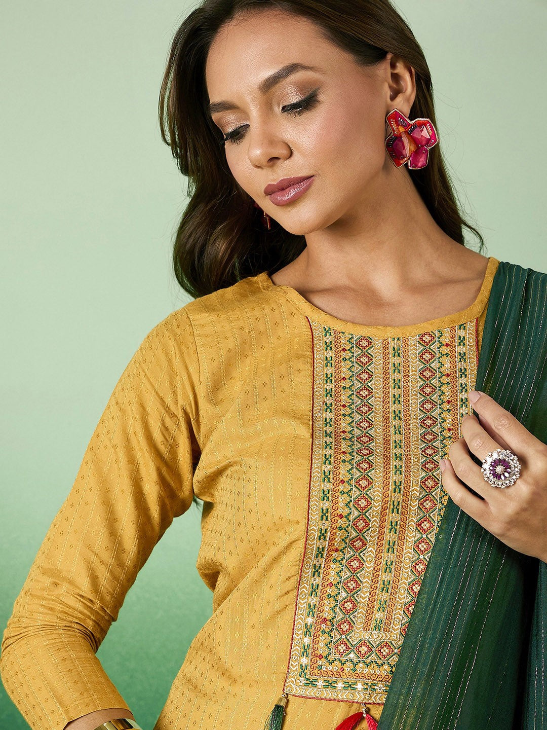 Yellow Ethnic Motifs Woven Design Straight Kurta With Trouser & Dupatta