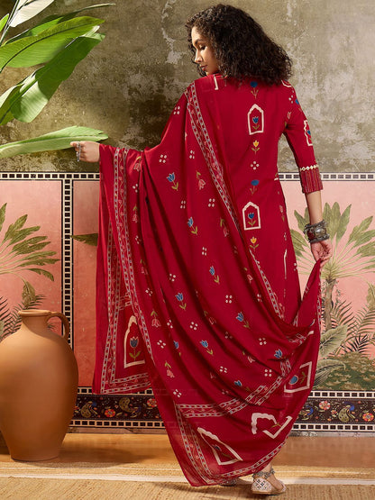 Printed Cotton Round Neck Kurta & Trousers With Dupatta